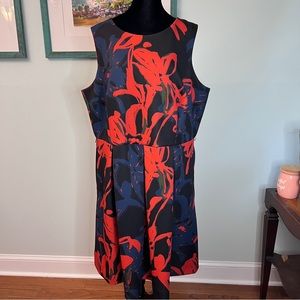Black red and blue dress with bow snap belt scuba-like material sleeveless pleat